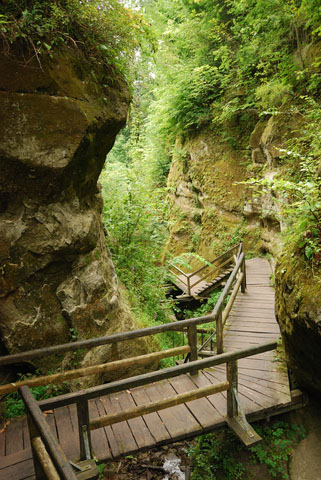 Houten trap en leuning langs natte rotswand in de Marienschlucht, kloofwandeling Duitsland