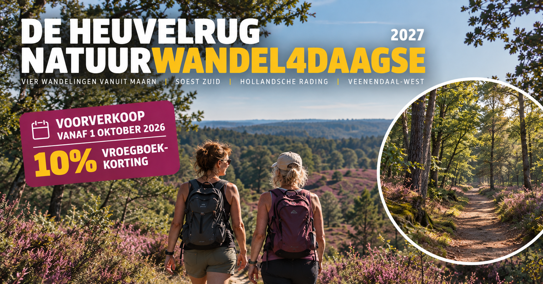 Twee wandelaars tijdens de Heuvelrug Natuurwandel4daagse op de Utrechtse Heuvelrug